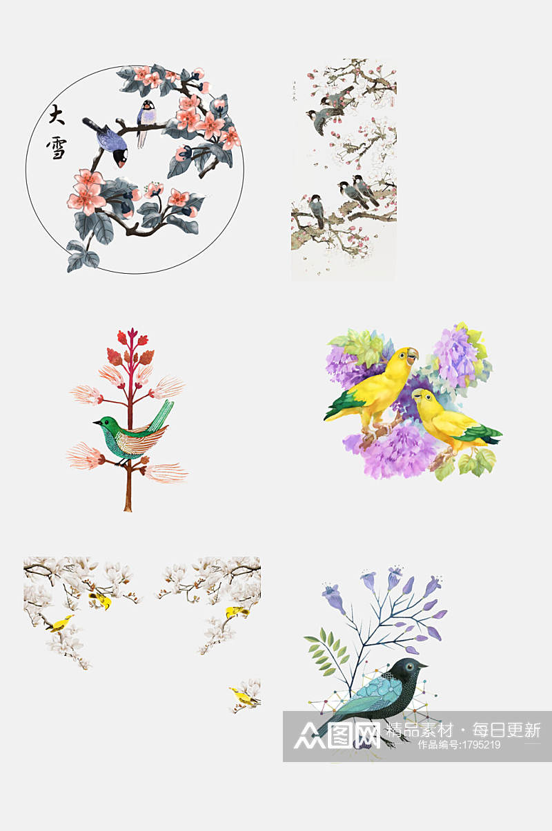 中国风时尚手绘工笔水墨花鸟装饰画元素素材素材