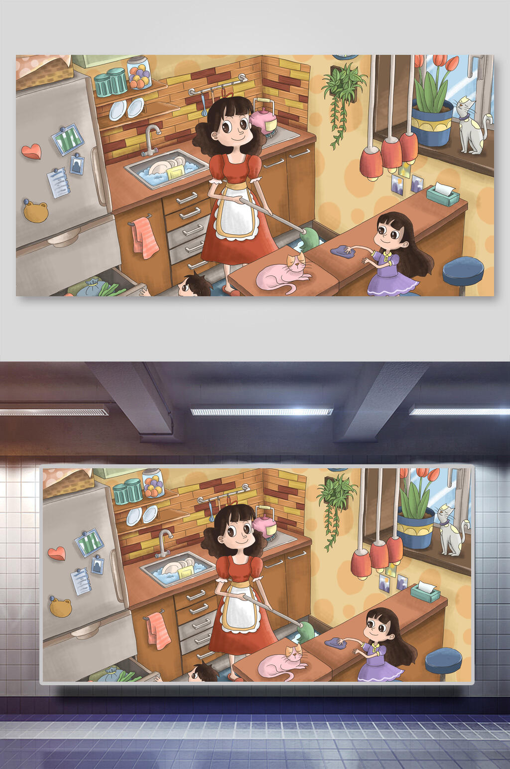 厨房做家务劳动节插画素材素材