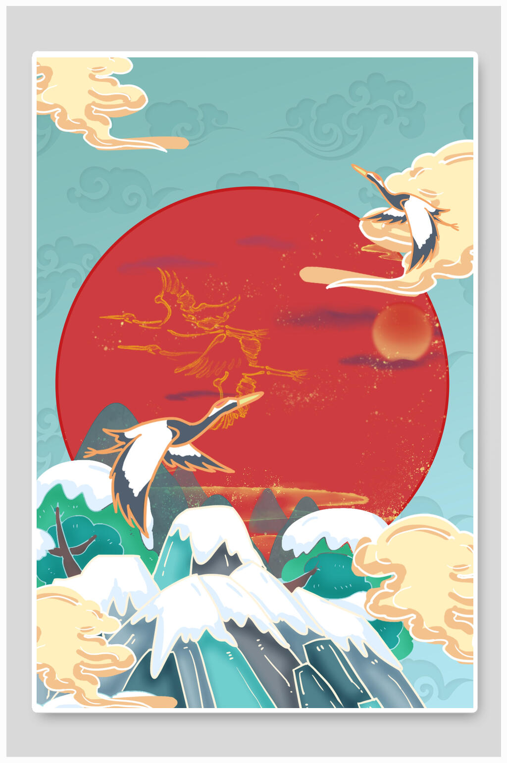 日鹤祥云山日国潮背景素材