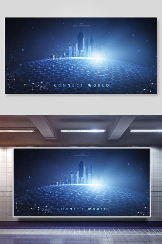 蓝色城市IT科技背景展板