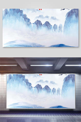 蓝色山中国风水墨山水背景素材