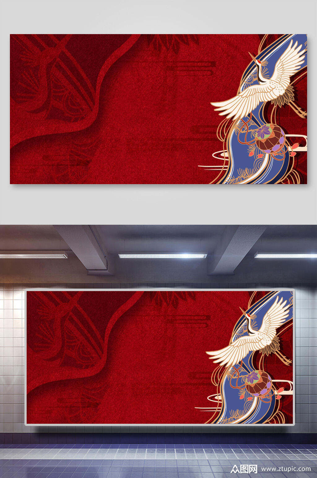 红色背景鹤国潮背景展板素材