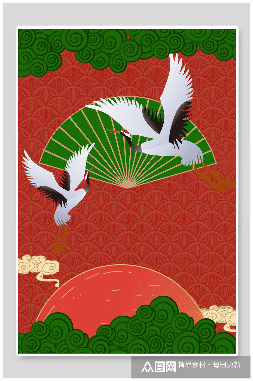 日鹤红色背景国潮背景设计