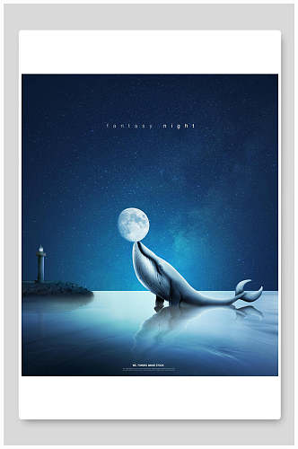 鲸鱼月亮梦幻之夜晚安背景设计
