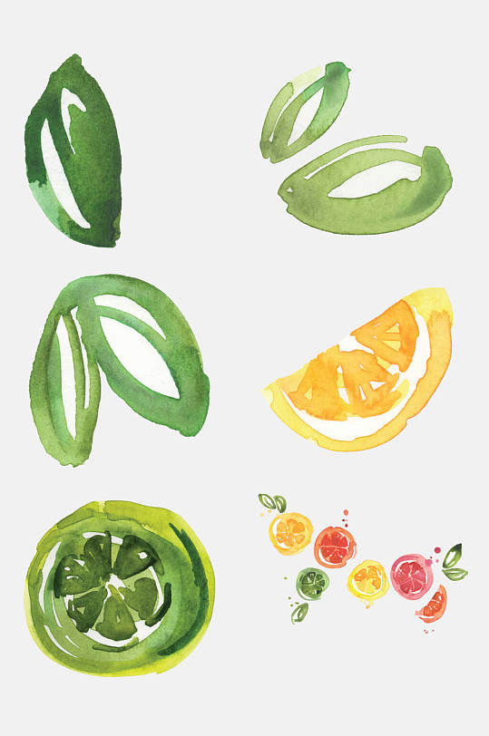 清新手绘水彩柑橘柠檬免抠元素素材
