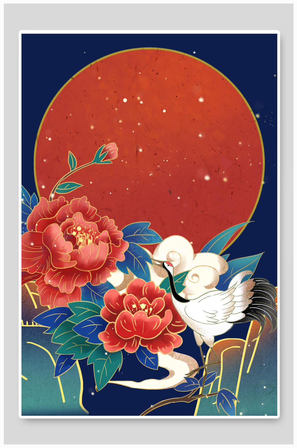 日鹤花蓝色背景国潮背景设计素材
