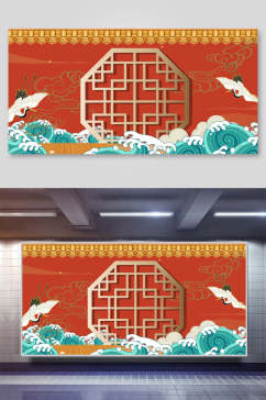 窗格海浪鹤国潮背景设计展板