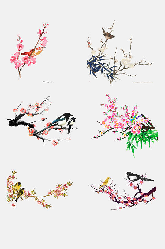 古典手绘工笔水墨花鸟装饰画元素素材