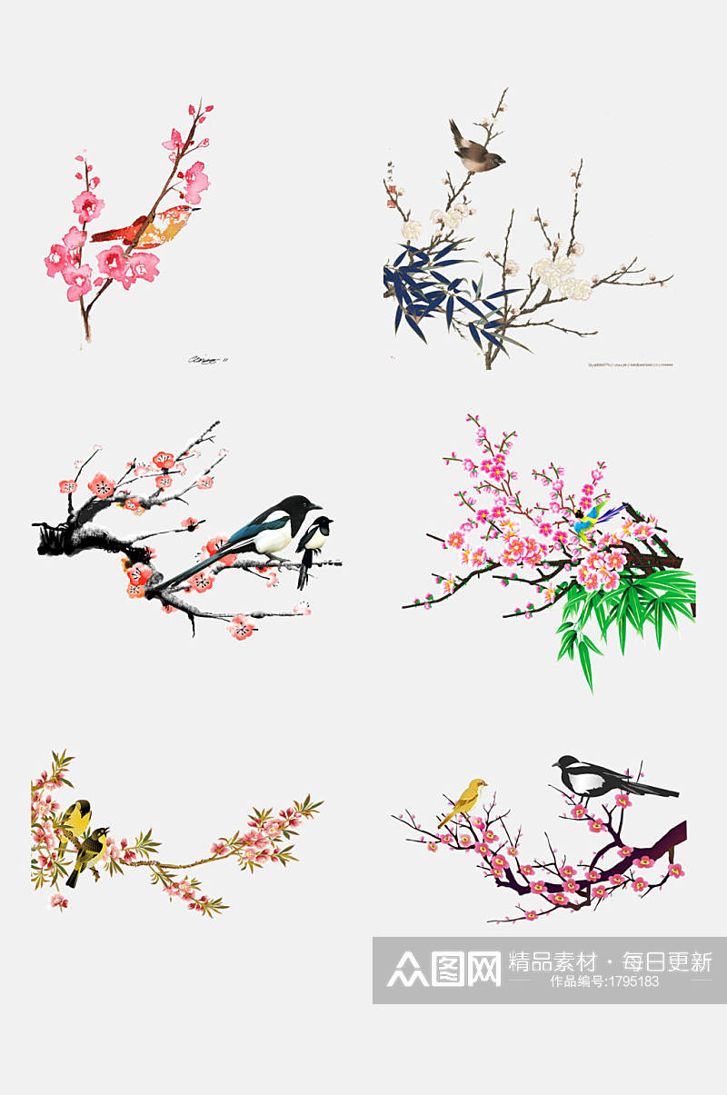 古典手绘工笔水墨花鸟装饰画元素素材素材