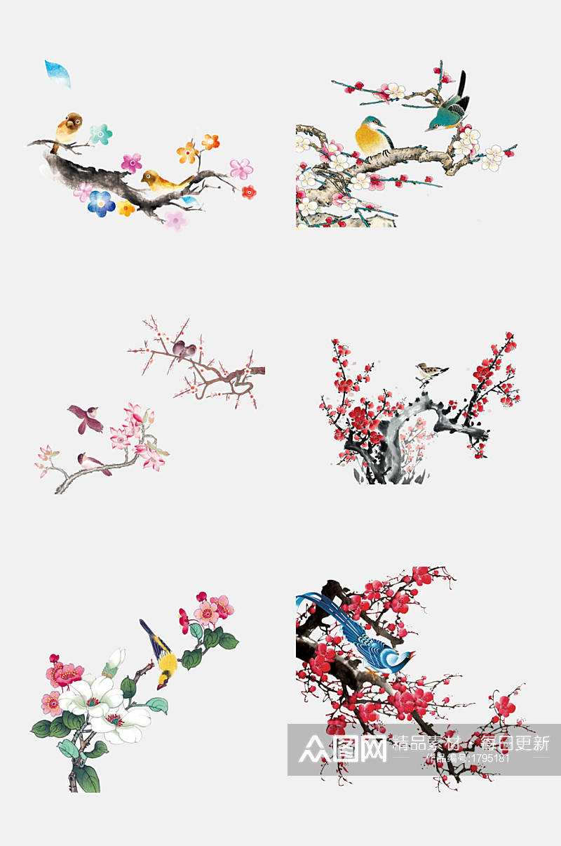 中国风手绘工笔水墨花鸟装饰画元素素材素材