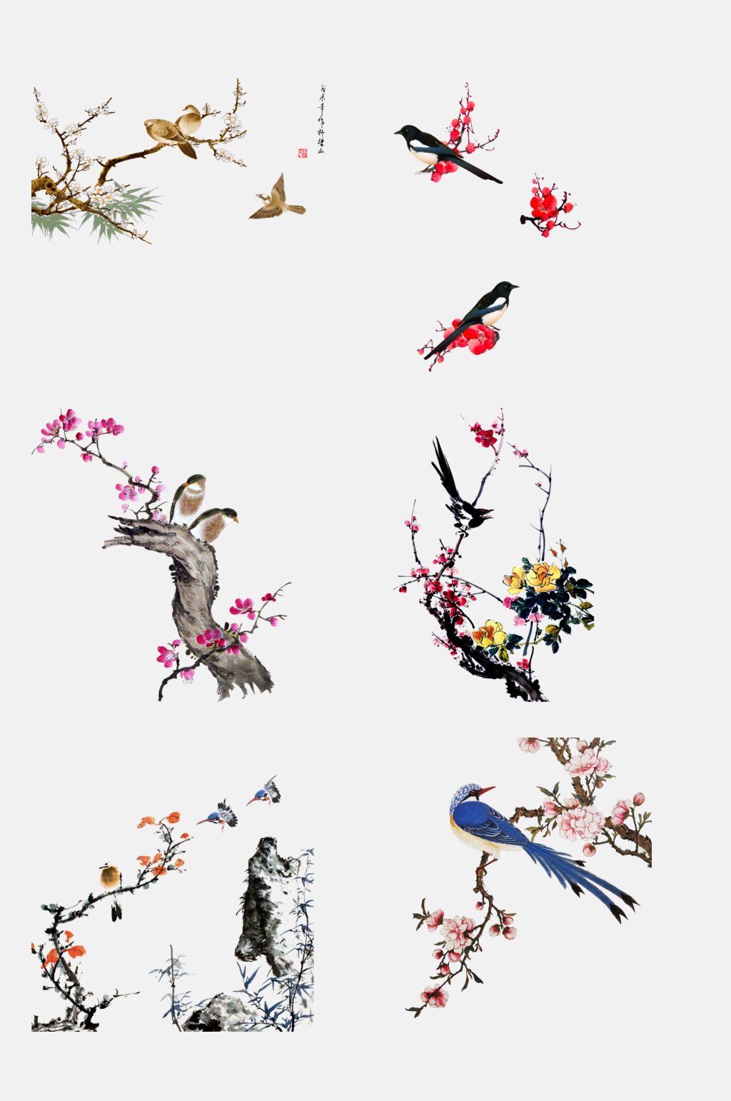 富贵花开手绘工笔水墨花鸟装饰画元素素材素材