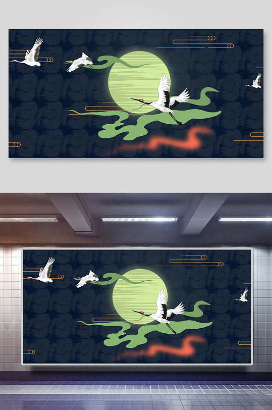 鹤月亮黑色背景国潮背景展板