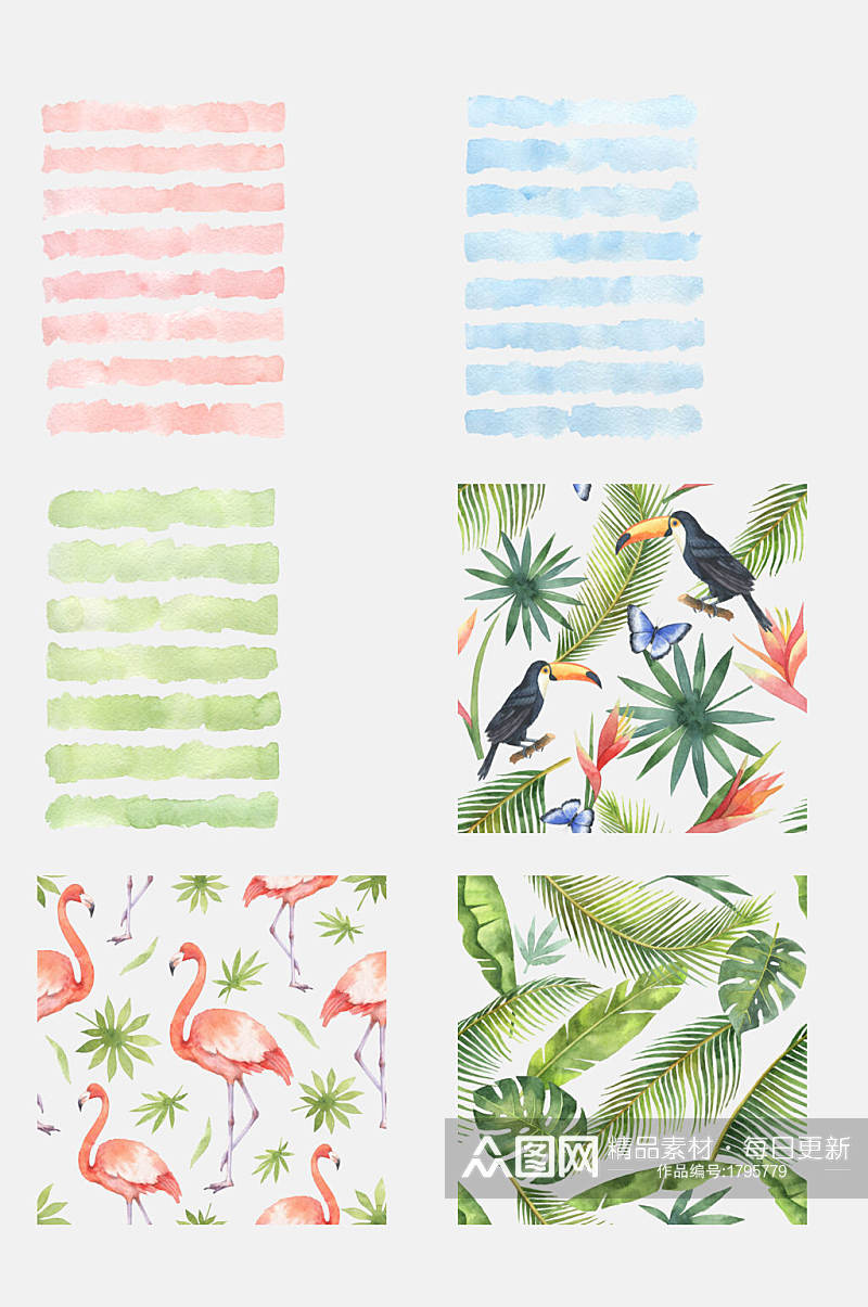 手绘画水彩热带植物火烈鸟元素素材素材