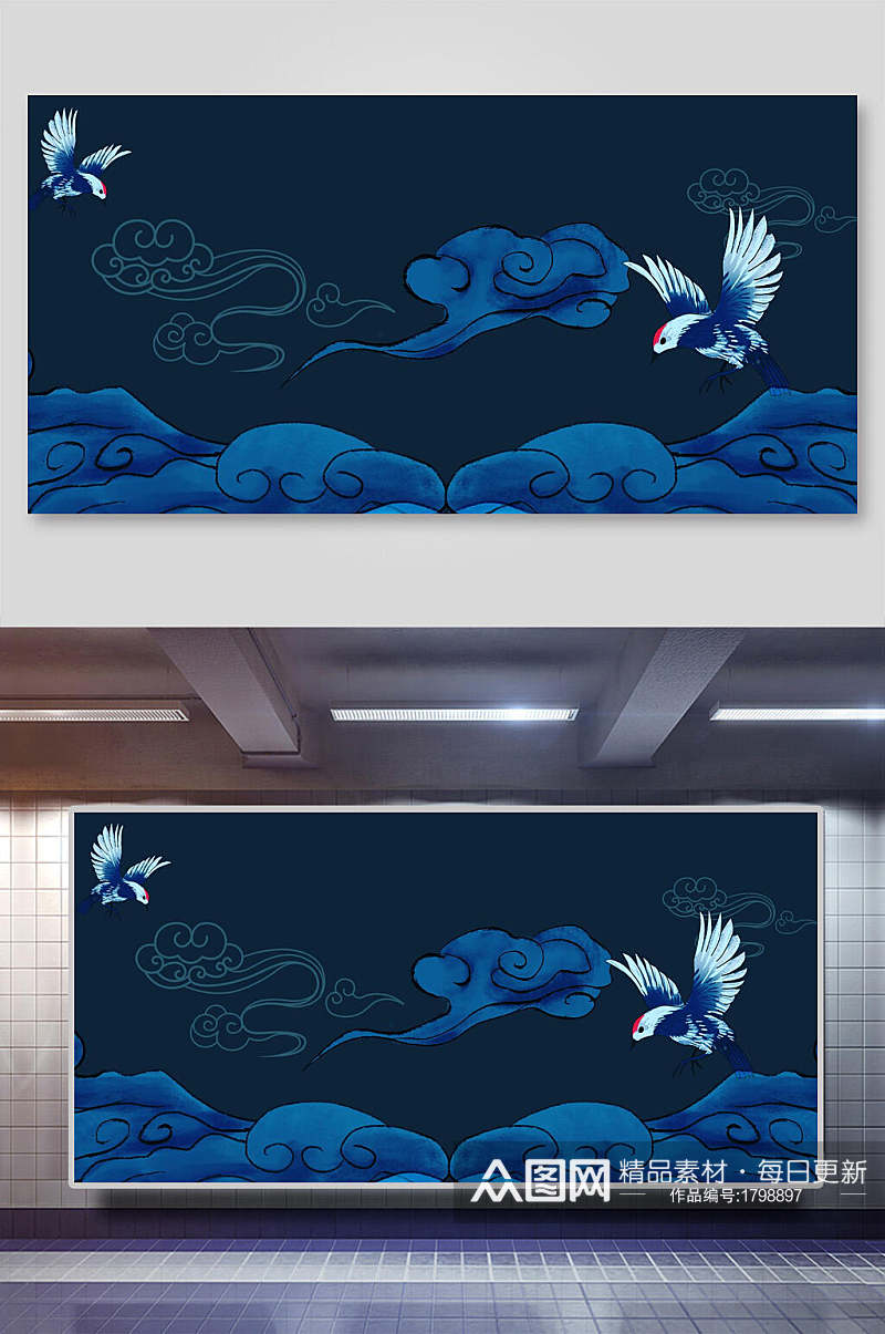 鹤蓝色背景线条图形国潮背景展板素材