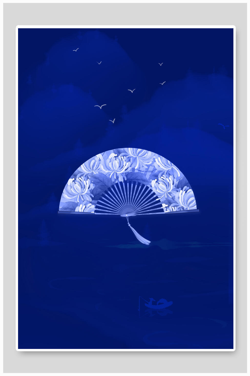 蓝色背景扇子国潮背景设计素材