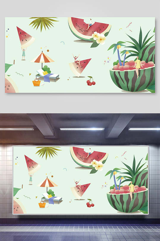 西瓜水果饮品夏季插画素材
