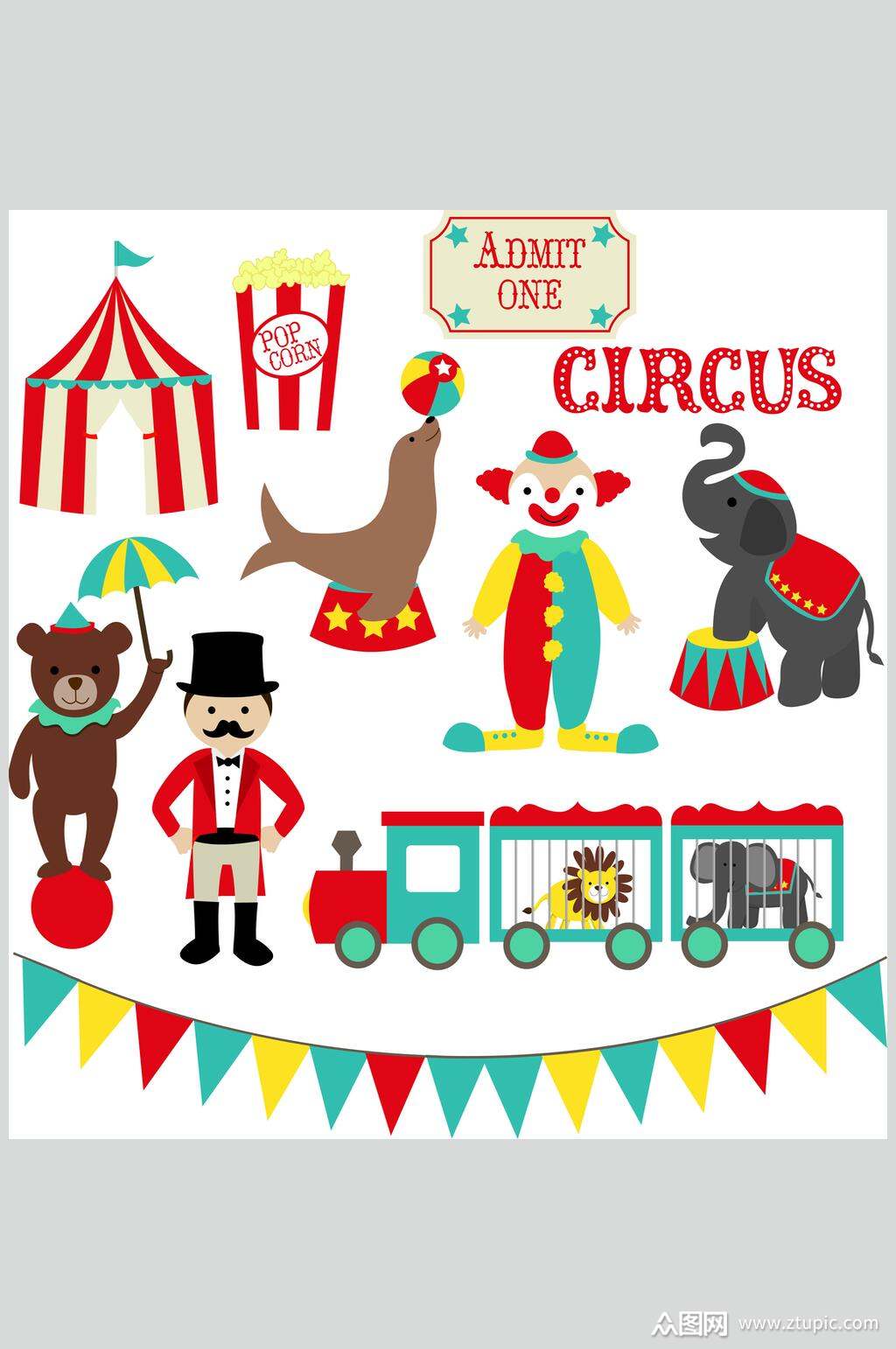 小丑动物马戏团帐篷矢量元素素材