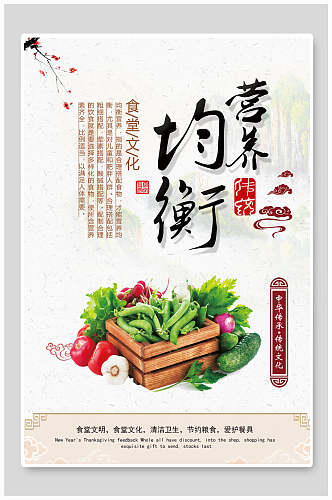 中式营养均衡节约粮食标语海报
