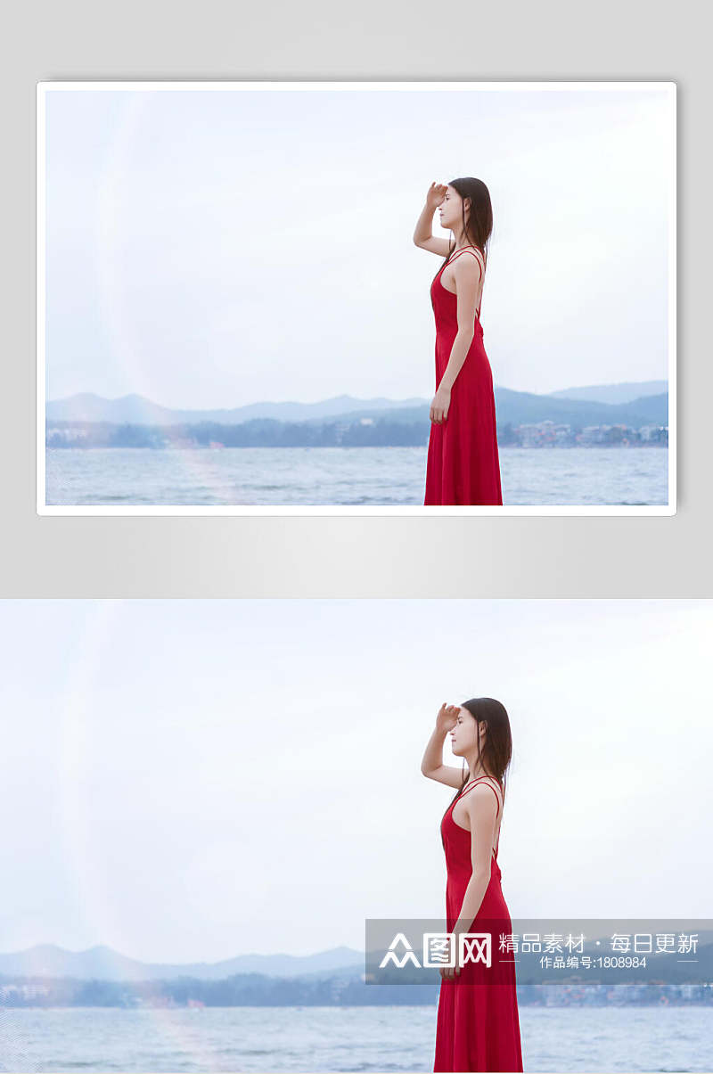 深圳较场尾海边礁石上的红衣少女眺望远方侧影图片素材