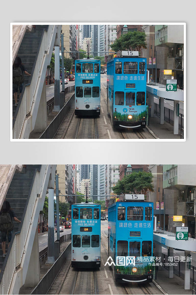 香港蓝色公交车风景素材