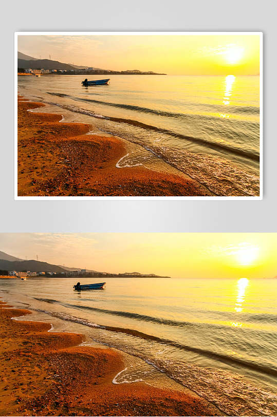 日出沙滩海浪摇小船高清图片