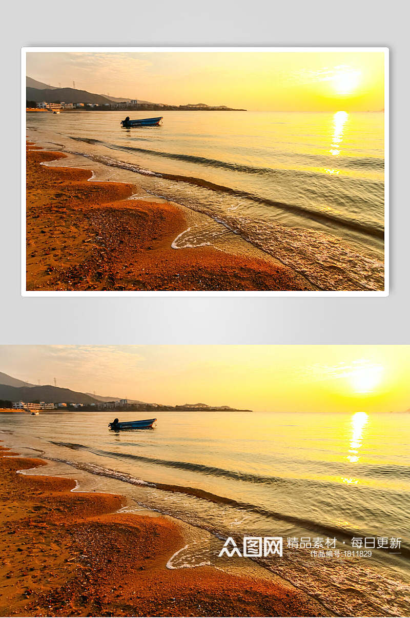 日出沙滩海浪摇小船高清图片素材