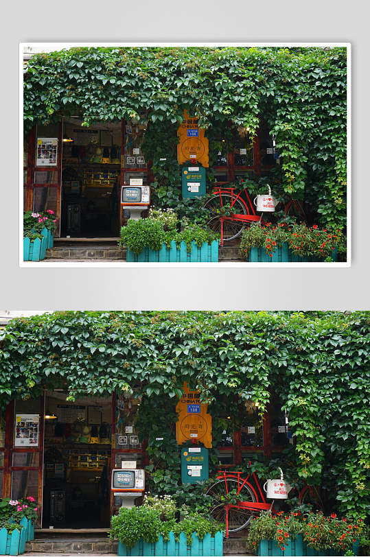 云南丽江古城爬满绿植的木屋高清图片