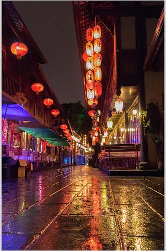 雨后成都锦里古街夜景摄影图片