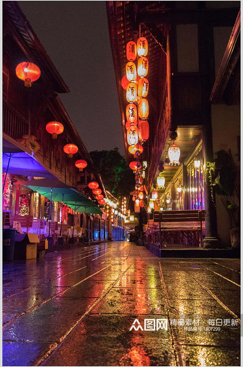 雨后成都锦里古街夜景摄影图片素材