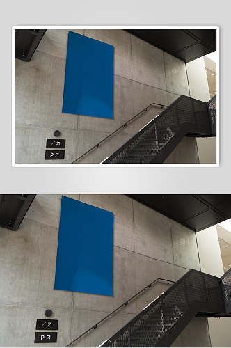 简洁电梯蓝色墙面海报样机效果图