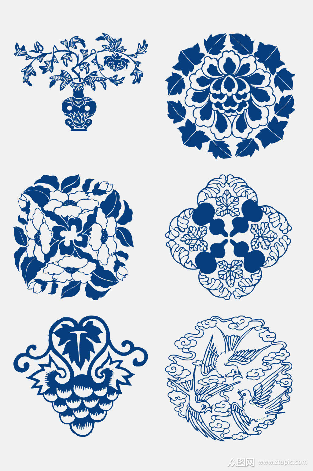 中式手绘画青花瓷素材设计元素素材