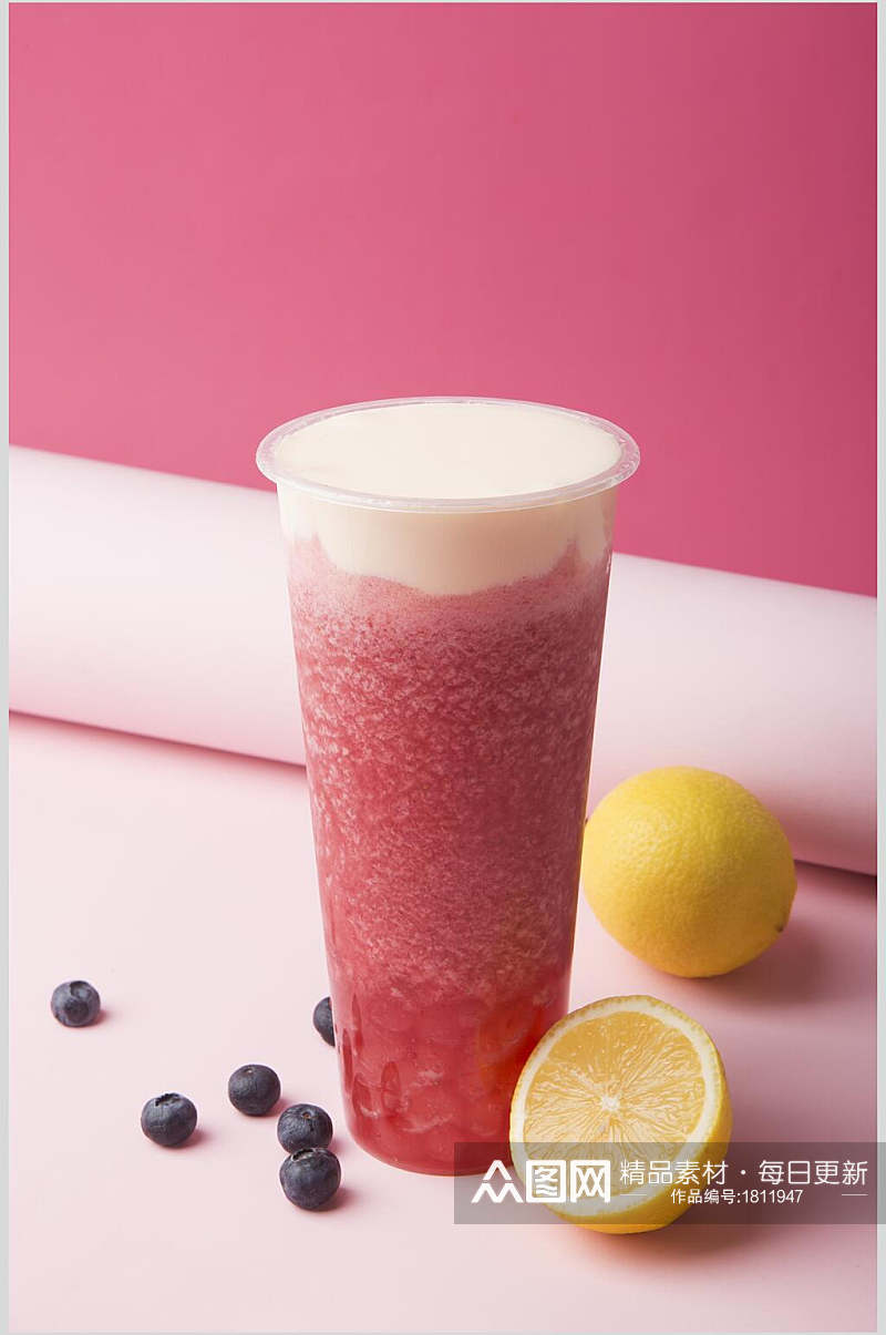 蓝莓柠檬草莓奶茶水果茶摄影图素材
