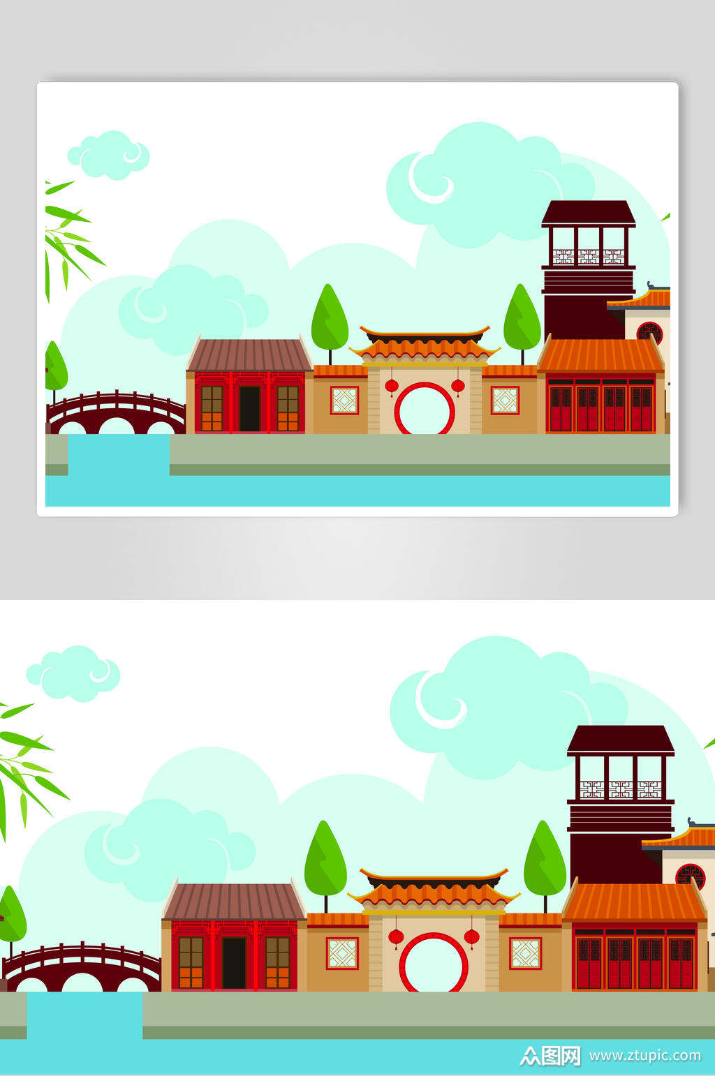 公园中式古建筑矢量元素素材