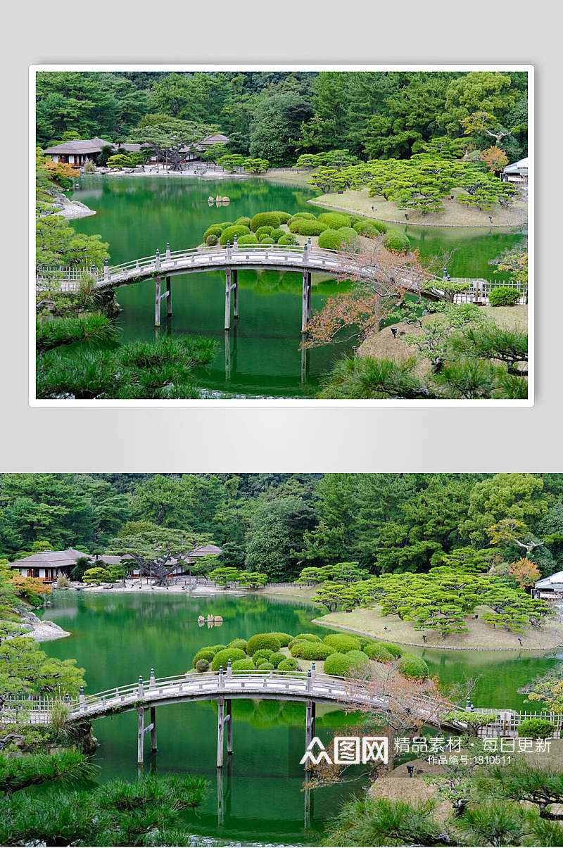 日本高松栗林公园眺望掬月亭高清图片素材