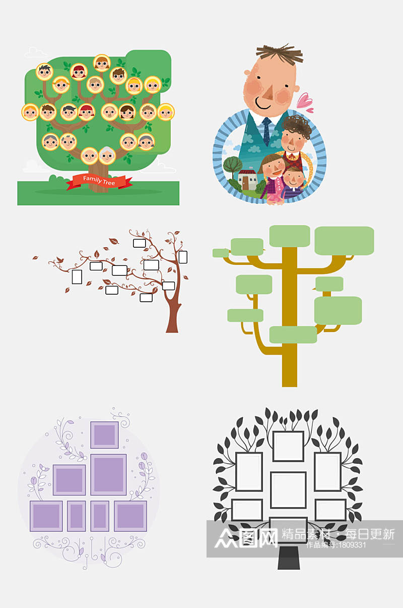 卡通清新家庭成员树边框照片墙免抠元素素材素材