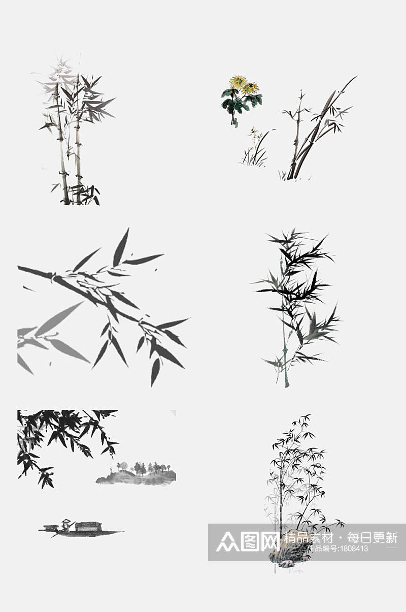 中国风水墨竹子插画元素素材素材