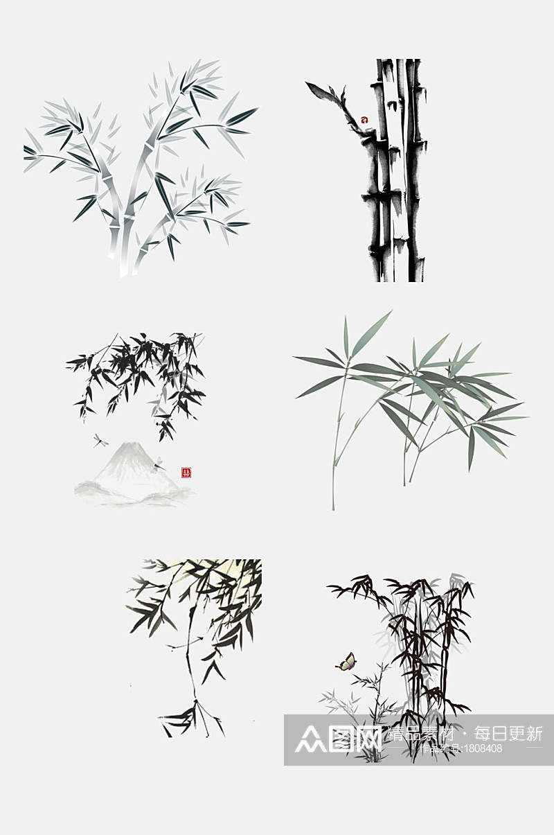 中国风手绘画水墨竹子元素素材素材
