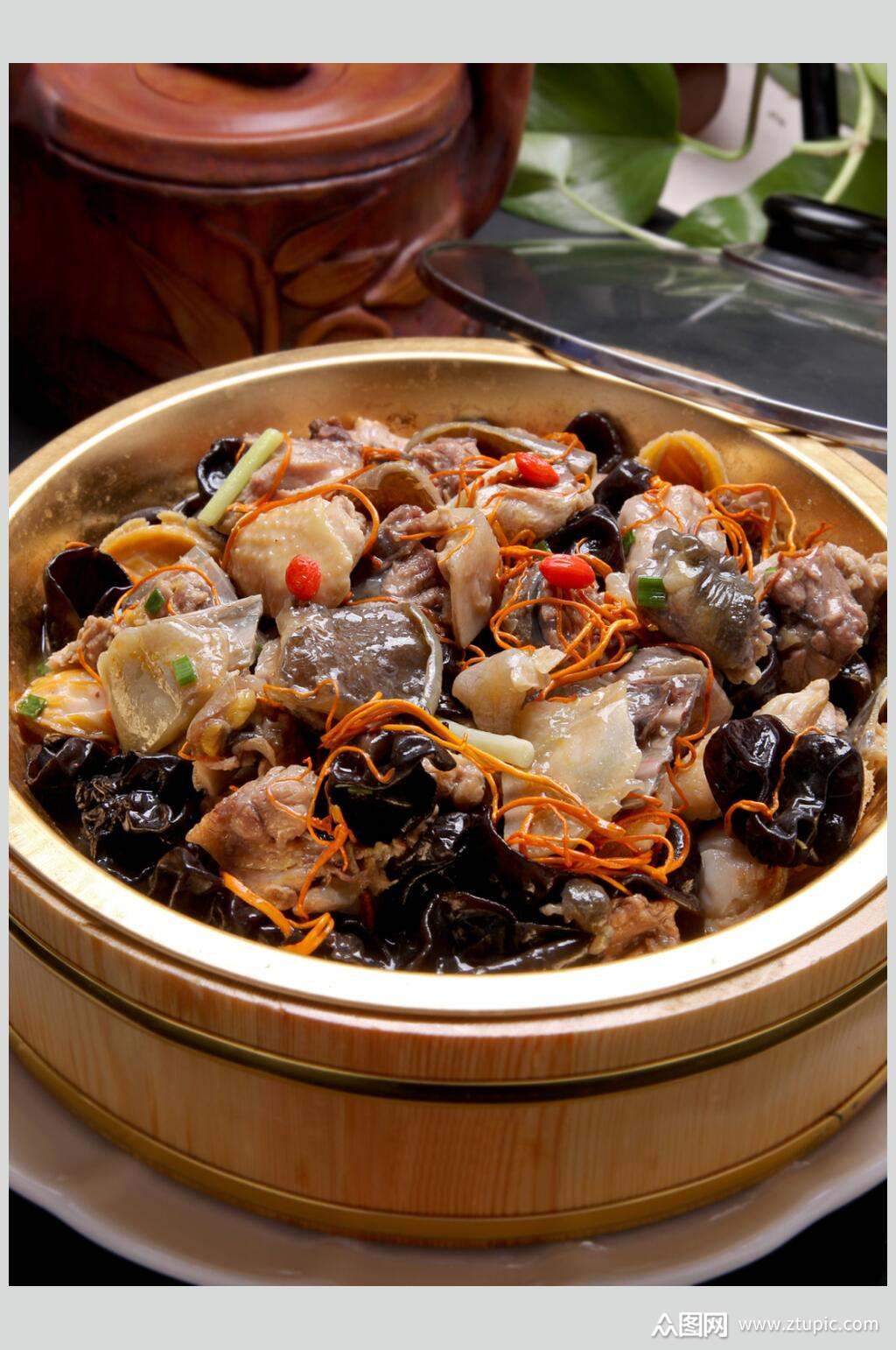 铜盘甲鱼蒸鸡高清图片素材