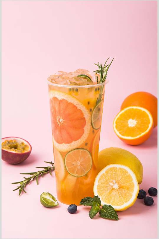 百香果橙汁柠檬奶茶水果茶摄影图