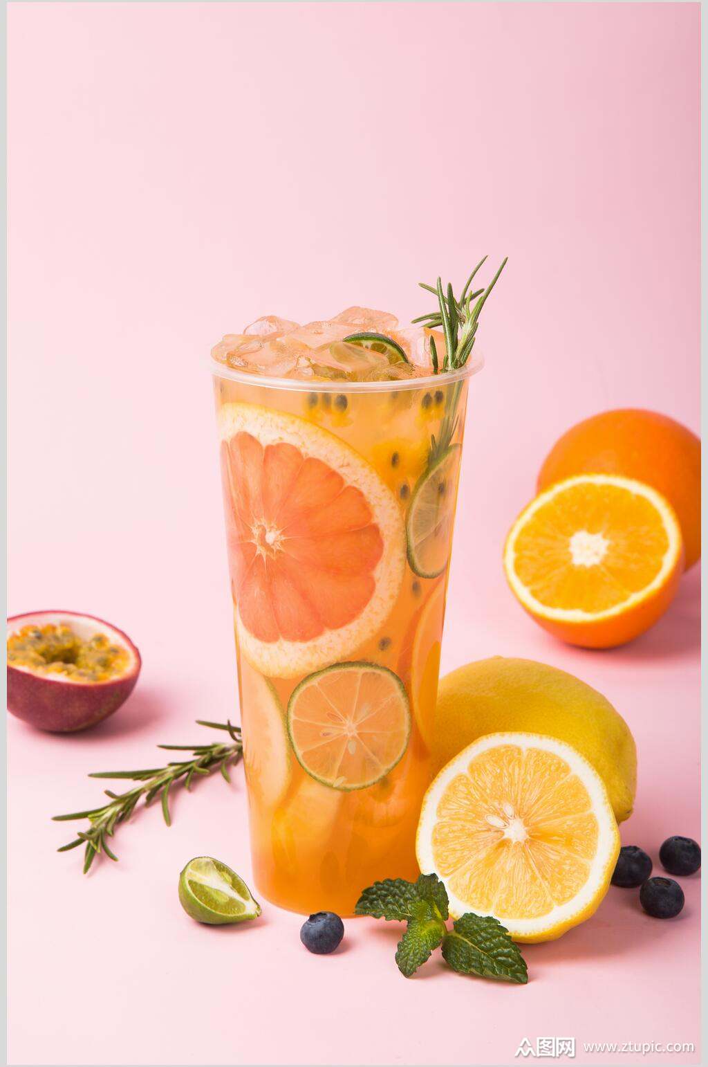 百香果橙汁柠檬奶茶水果茶摄影图素材