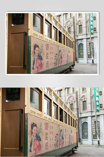 老上海电车特写高清图片