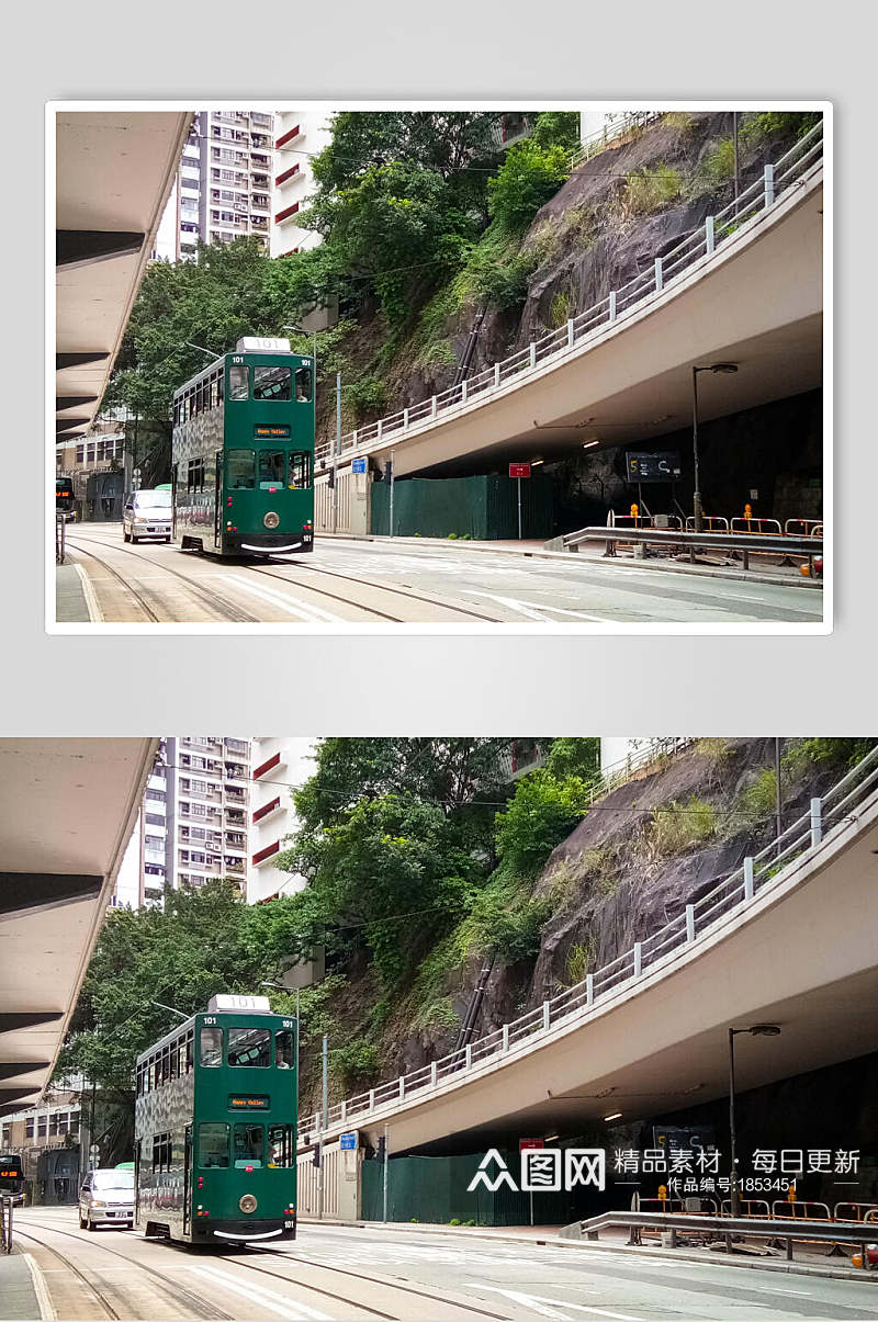 香港绿色公交车风景素材