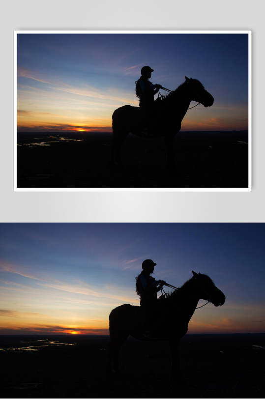 内蒙古呼伦贝尔大草原骑马看日落