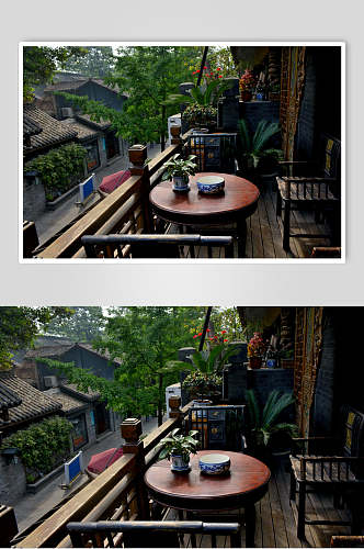 成都宽窄巷子里临街茶屋阳台摄影图片
