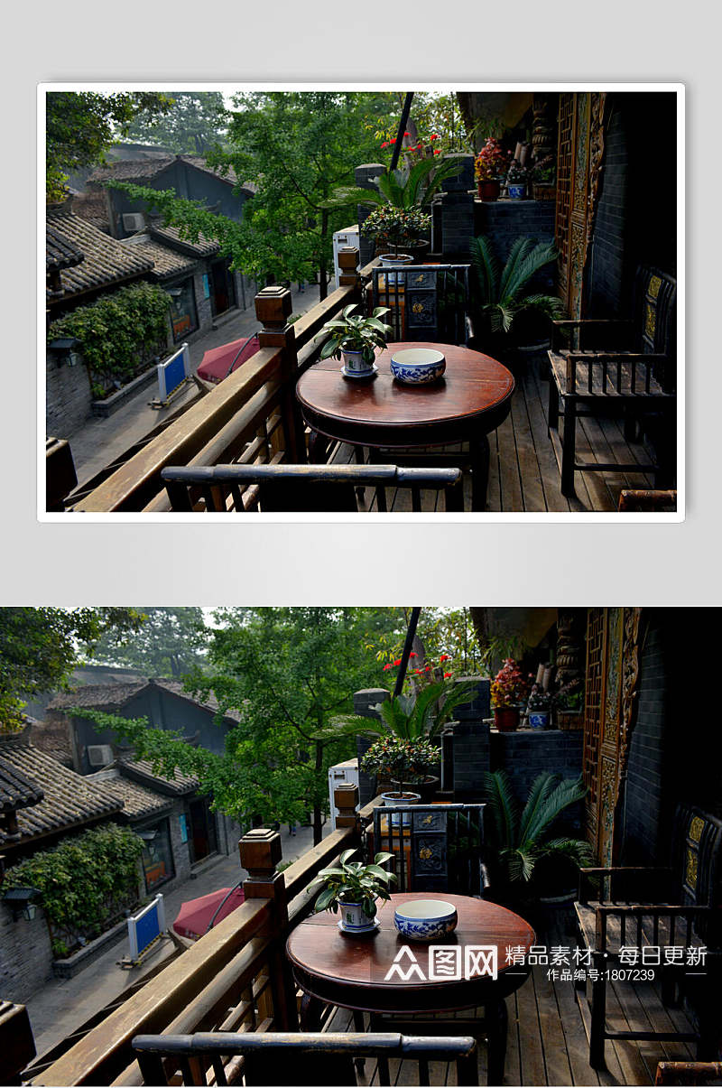 成都宽窄巷子里临街茶屋阳台摄影图片素材
