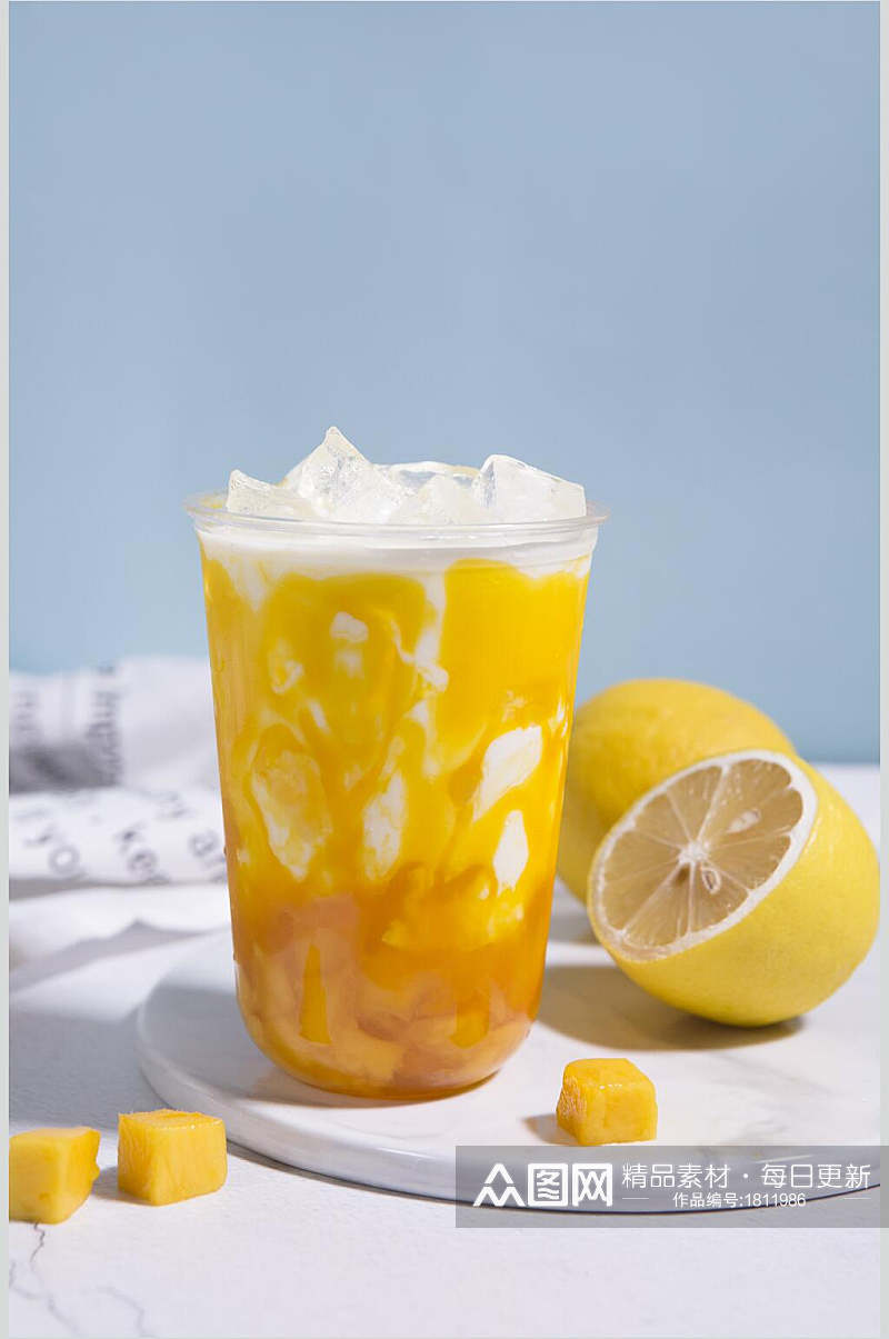 柠檬芒果布丁加冰奶茶水果茶摄影图片素材