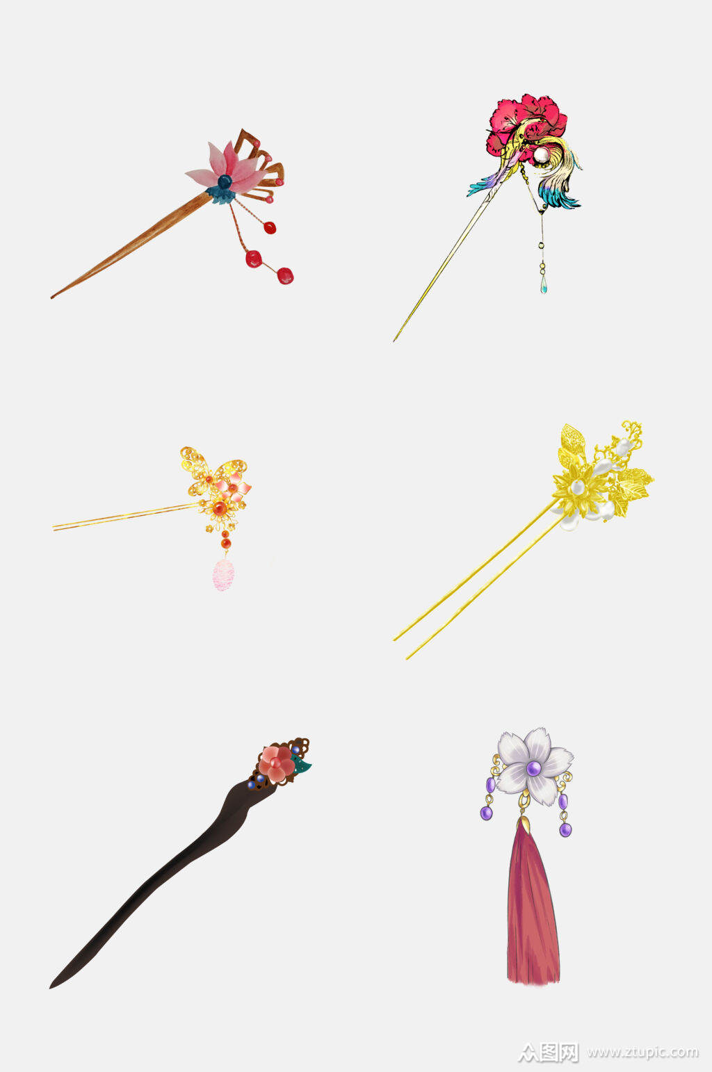 中国风发簪头饰首饰免抠设计元素素材
