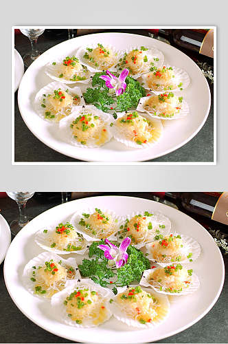 蒜茸粉丝蒸扇贝海鲜美食高清图片