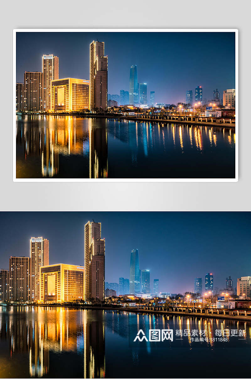 天津城市风光夜色建筑倒影高清图片素材