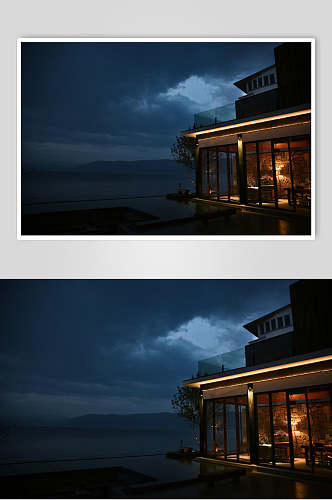 大理洱海边的民宿夜景高清图片